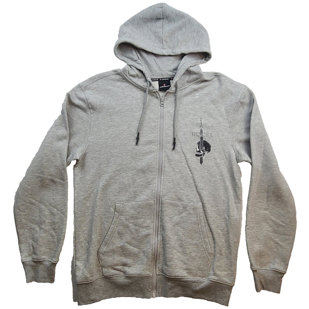 Airwalk Hoodie Mens Large Gray Full Zip Skull Nine of Swords Graphic Sweatshirt